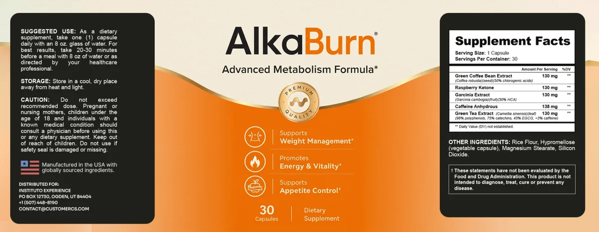 AlkaBurn supplement facts label: green coffee bean extract, raspberry ketone, garcinia, caffeine anhydrous and green tea extract